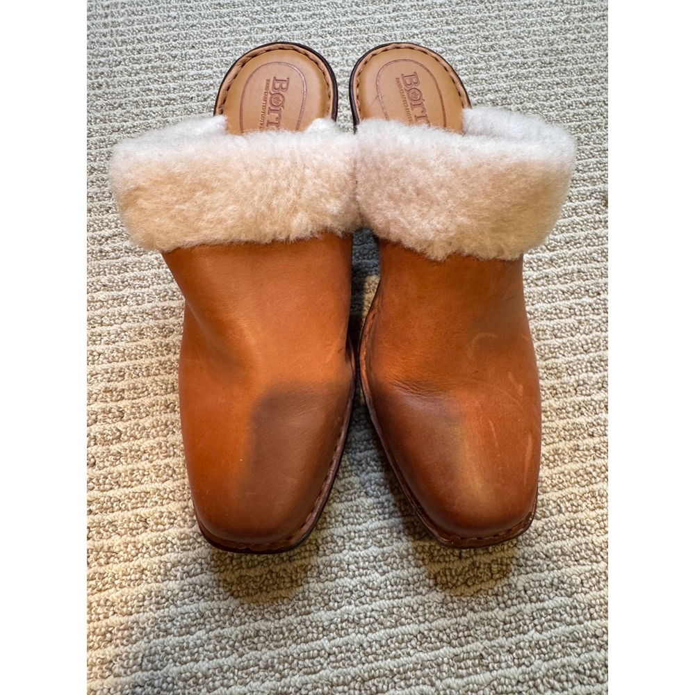 BORN Women's Tan Leather Shearling Lined Clog Heeled Mules Boots 11M